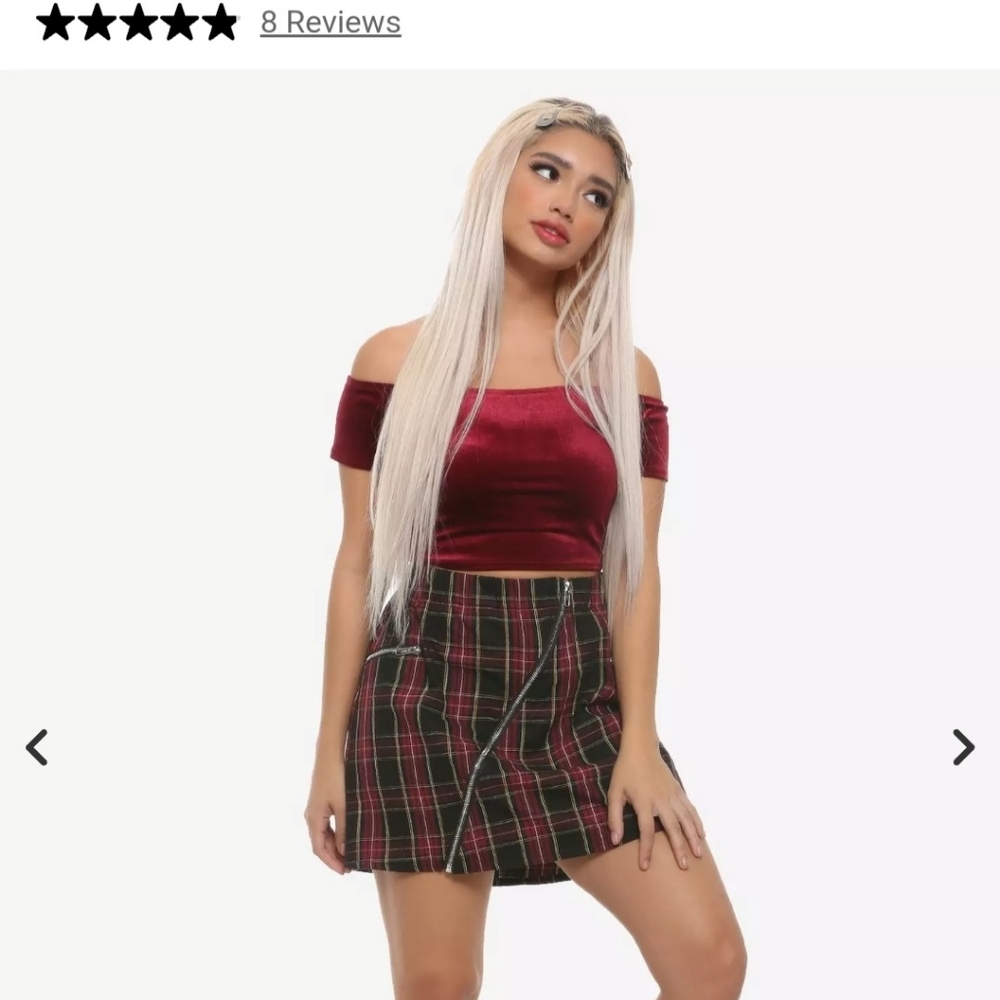 Hot Topic Black & Red Plaid Asymmetric Zipper Mini Skirt Skater Goth Punk Pocket
